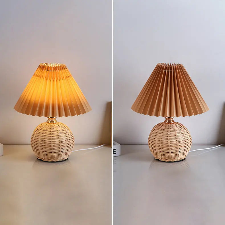 Contemporary Nordic Rattan Fabric Pleated Conic Ball LED Table Lamp For Bedroom Cuvalon