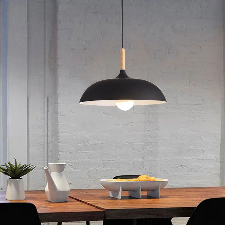 Modern Metal Wooden Top 1-Light Dome Pendant Light Cuvalon