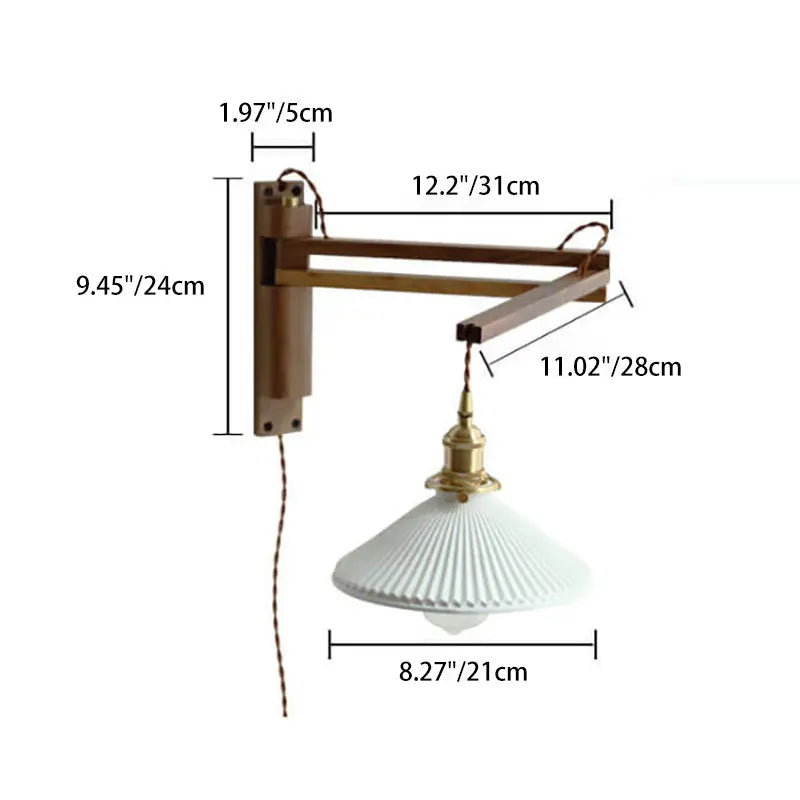 Nordic Milk White Striped Glass Walnut Retractable 1-Light Wall Sconce Lamp Cuvalon