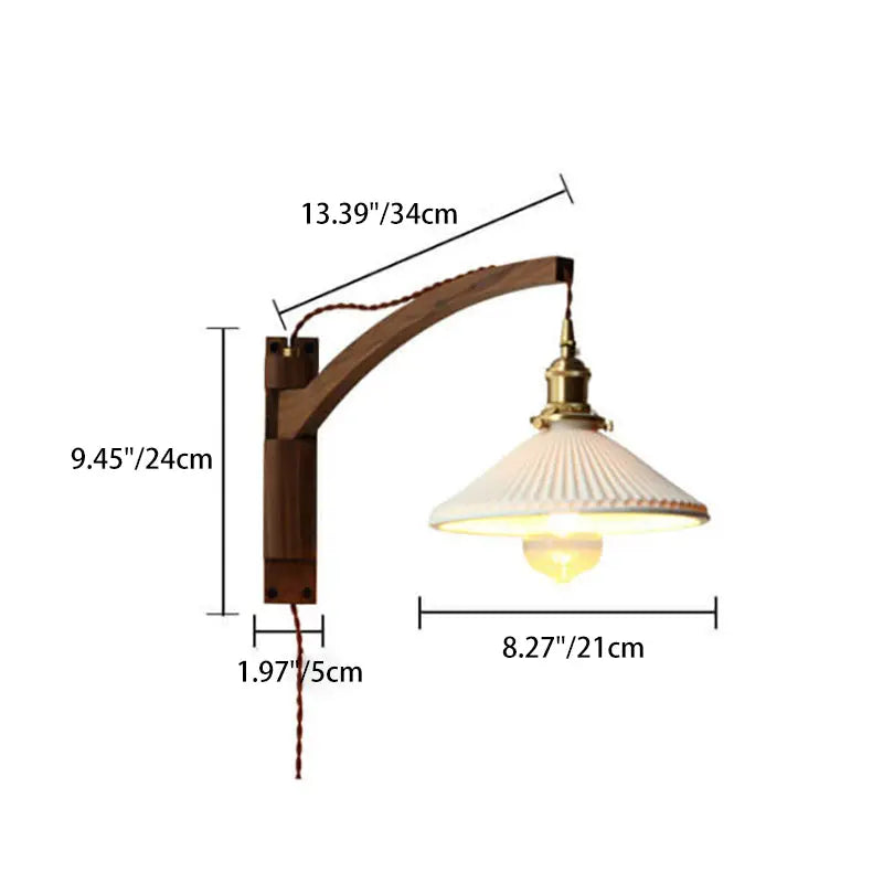 Nordic Milk White Striped Glass Walnut Retractable 1-Light Wall Sconce Lamp Cuvalon