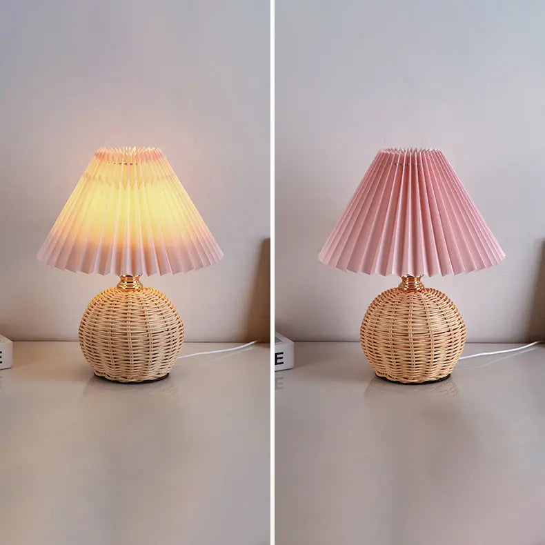 Contemporary Nordic Rattan Fabric Pleated Conic Ball LED Table Lamp For Bedroom Cuvalon