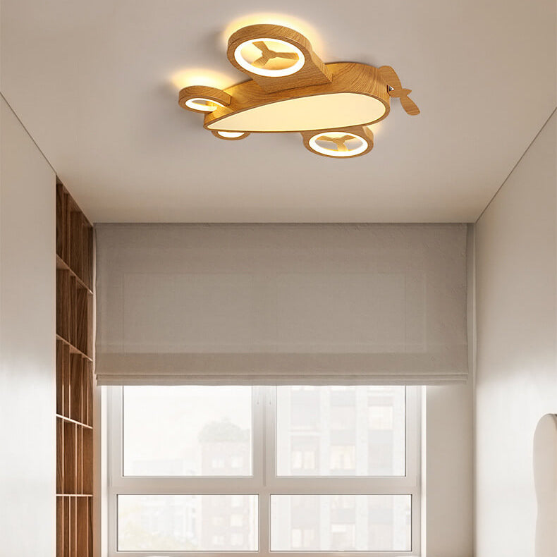 Cartoon Creative Wood Grain Aircraft LED Kids Flush Mount Ceiling Light Cuvalon
