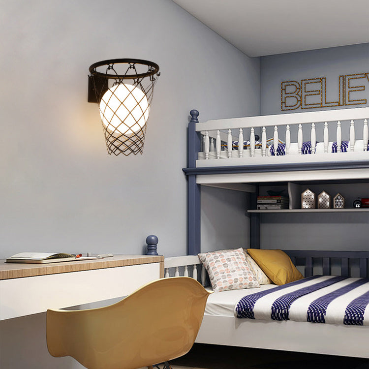 Modern Art Deco Kids Iron Glass Basketball Hoop 1-Light Wall Sconce Lamp For Bedroom Cuvalon