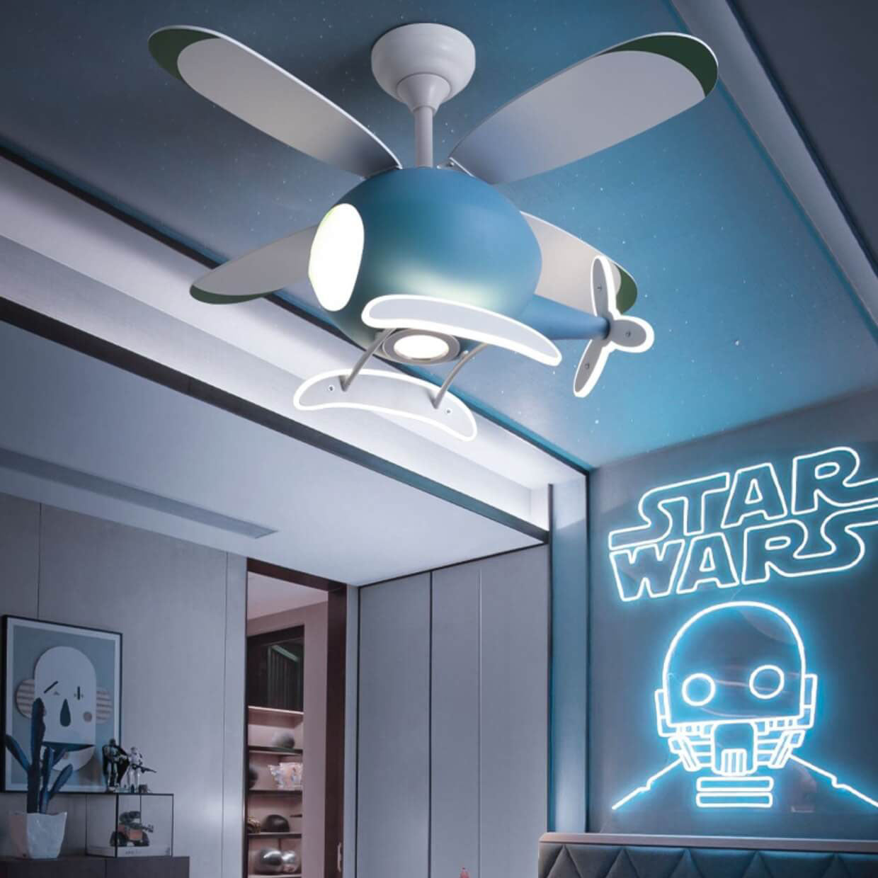 Simple Cartoon Aircraft LED Downrods Ceiling Fan Light Cuvalon