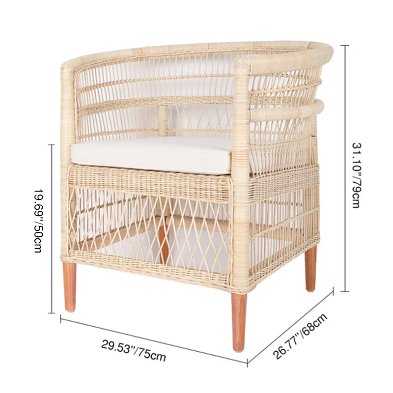 Contemporary Nordic Handwoven Natural Rattan Accent Chair With Round Backrest - Breathable Indoor & Outdoor Lounge Chair For Balcony & Garden Cuvalon