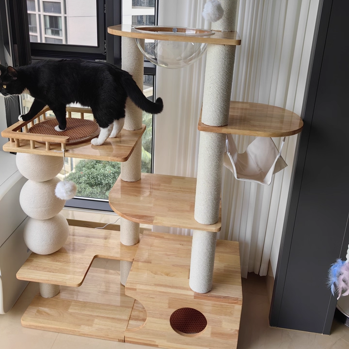 Contemporary Scandinavian Rectangular Rubberwood Plywood Pine Wood Pillar Velvet Fabric Hemp Rope Acrylic Cat Tree 3-Condo 5-Perch For Bedroom Cuvalon