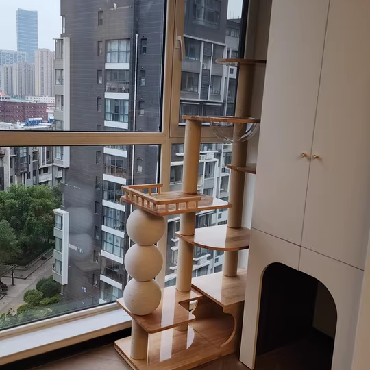 Contemporary Scandinavian Rectangular Rubberwood Plywood Pine Wood Pillar Velvet Fabric Hemp Rope Acrylic Cat Tree 3-Condo 5-Perch For Bedroom Cuvalon
