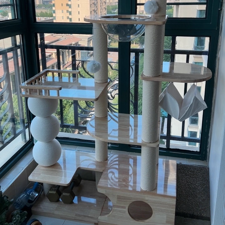 Contemporary Scandinavian Rectangular Rubberwood Plywood Pine Wood Pillar Velvet Fabric Hemp Rope Acrylic Cat Tree 3-Condo 5-Perch For Bedroom Cuvalon