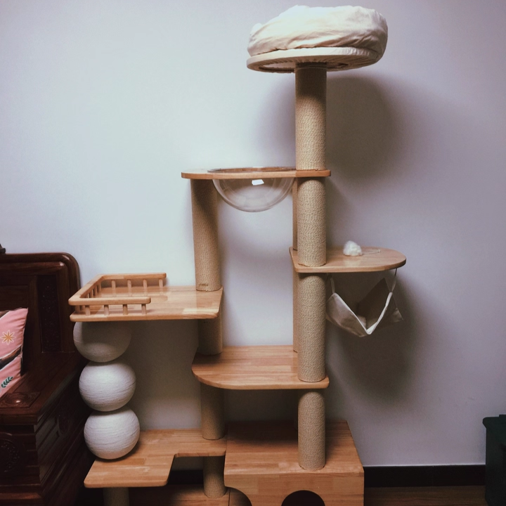 Contemporary Scandinavian Rectangular Rubberwood Plywood Pine Wood Pillar Velvet Fabric Hemp Rope Acrylic Cat Tree 3-Condo 5-Perch For Bedroom Cuvalon