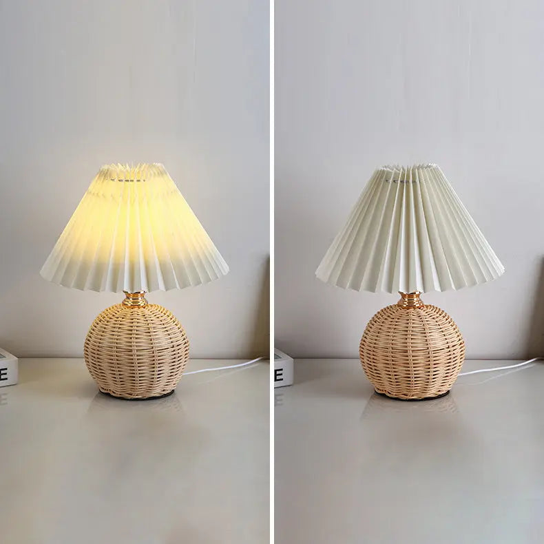 Contemporary Nordic Rattan Fabric Pleated Conic Ball LED Table Lamp For Bedroom Cuvalon