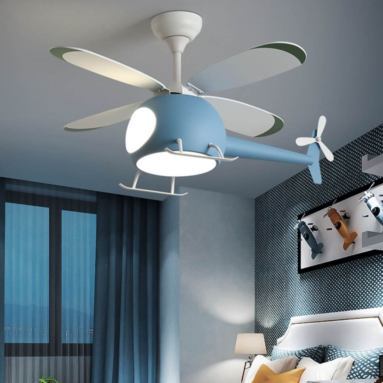 Simple Cartoon Aircraft LED Downrods Ceiling Fan Light Cuvalon