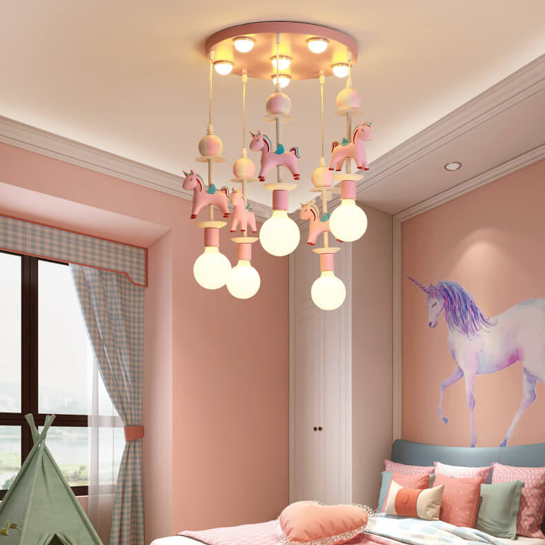 Modern Children's Carousel Eye Protection Resin Iron 1/7/11 Light Flush Mount Ceiling Light Cuvalon