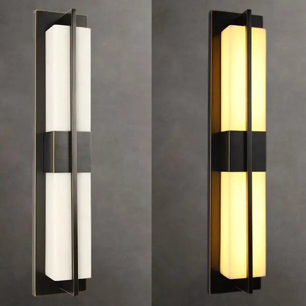 Modern Transitional Rectangular Copper Marble LED Outdoor Wall Sconce Lamp For Outdoor Patio Cuvalon