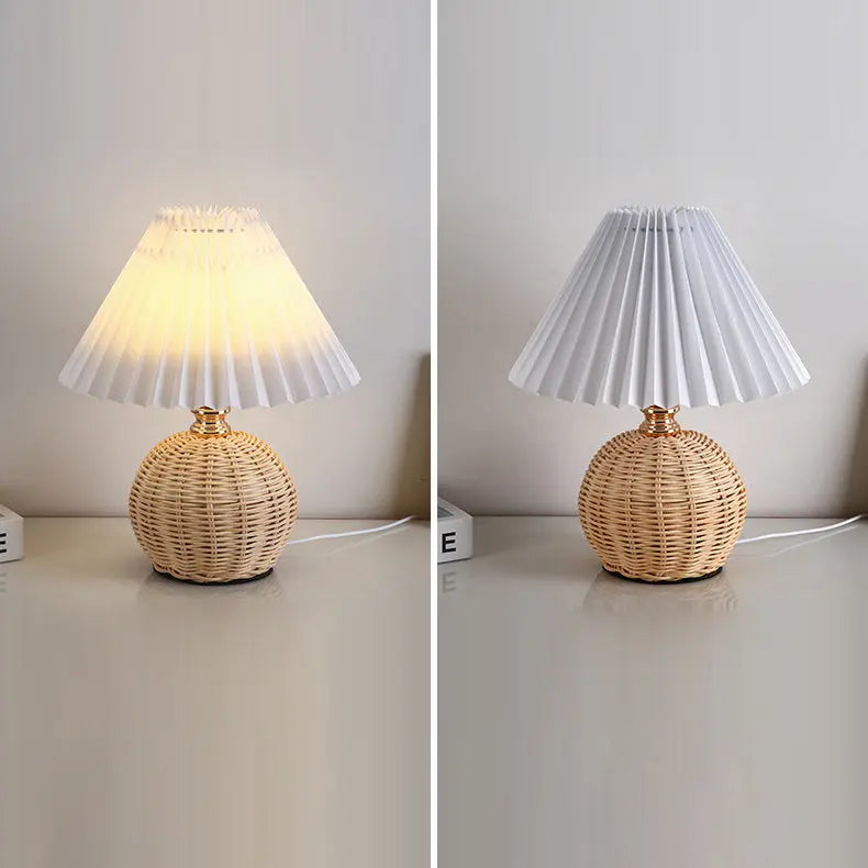 Contemporary Nordic Rattan Fabric Pleated Conic Ball LED Table Lamp For Bedroom Cuvalon