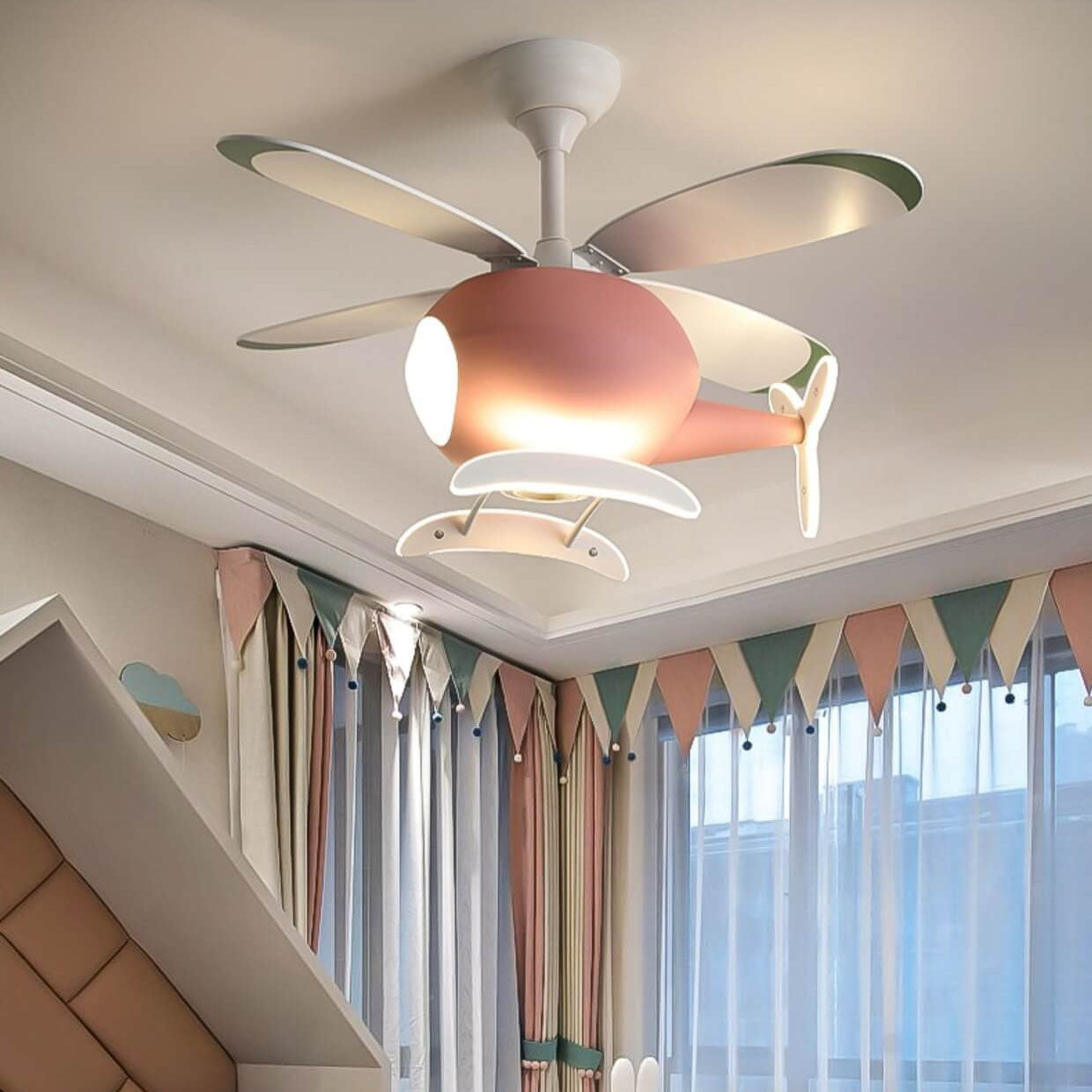 Simple Cartoon Aircraft LED Downrods Ceiling Fan Light Cuvalon