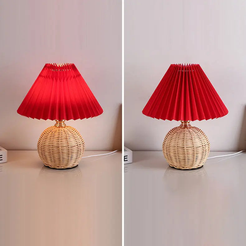 Contemporary Nordic Rattan Fabric Pleated Conic Ball LED Table Lamp For Bedroom Cuvalon