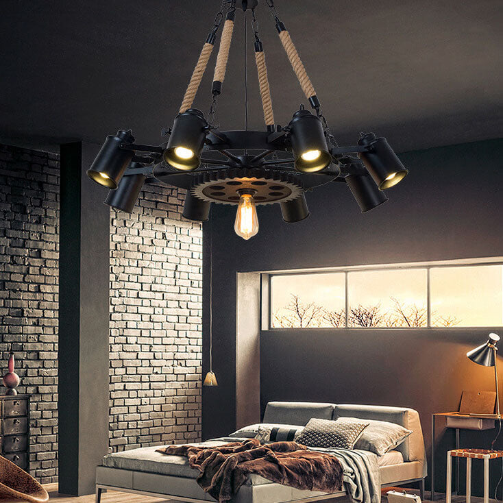 Industrial Retro Gear Wrought Ion Hemp Rope 6/8/10-Light Chandelier Cuvalon