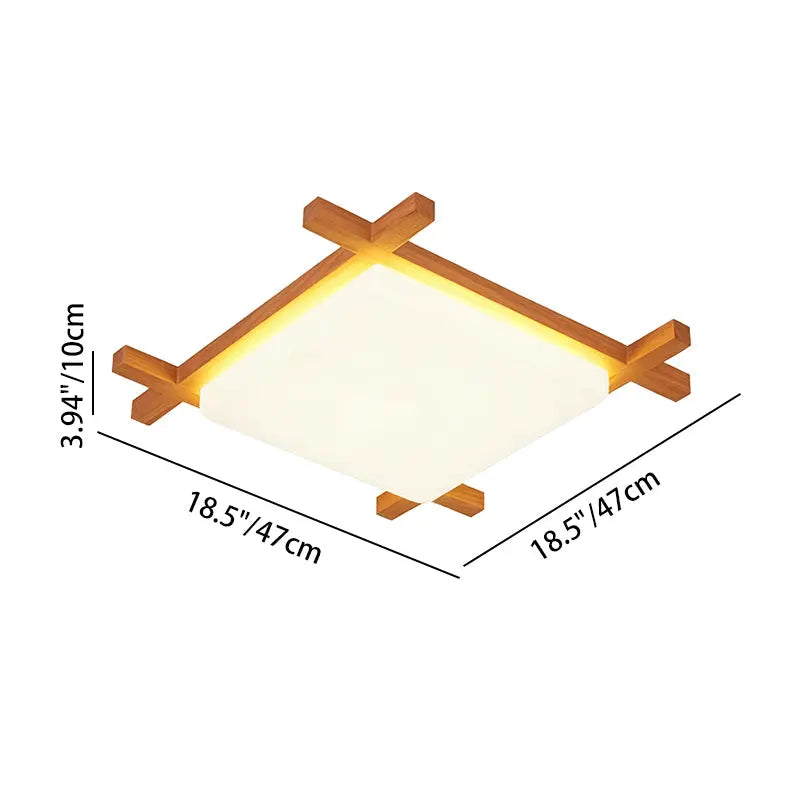 Traditional Japanese Wood Acrylic Square Tatami LED Flush Mount Ceiling Light For Bedroom Cuvalon