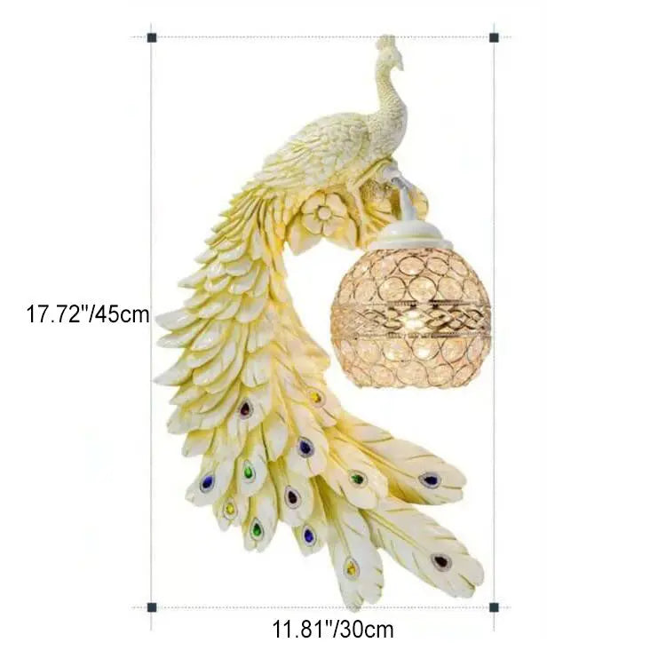 Vintage Ornate Resin Long Tail Peacock Crystal Ball Shade 1-Light Wall Sconce Lamp Cuvalon