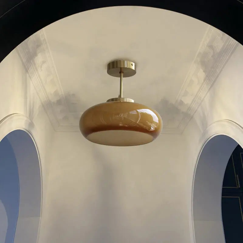Vintage Brass Yellow Glass 1-Light Semi-Flush Mount Ceiling Light Cuvalon