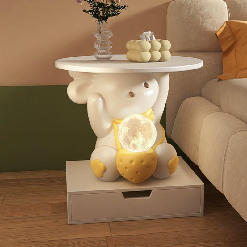 Modern Art Deco Kids Rabbit Round Plate Rectangular Drawer Resin Wood Enamel End Table 1-Drawer With LED Light For Bedroom Cuvalon