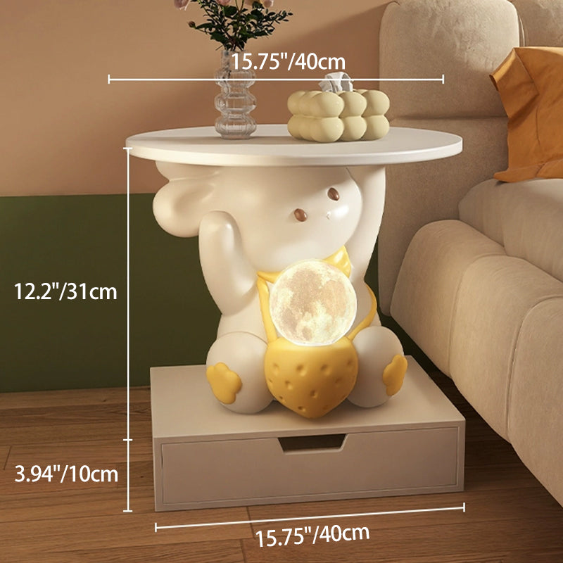 Modern Art Deco Kids Rabbit Round Plate Rectangular Drawer Resin Wood Enamel End Table 1-Drawer With LED Light For Bedroom Cuvalon