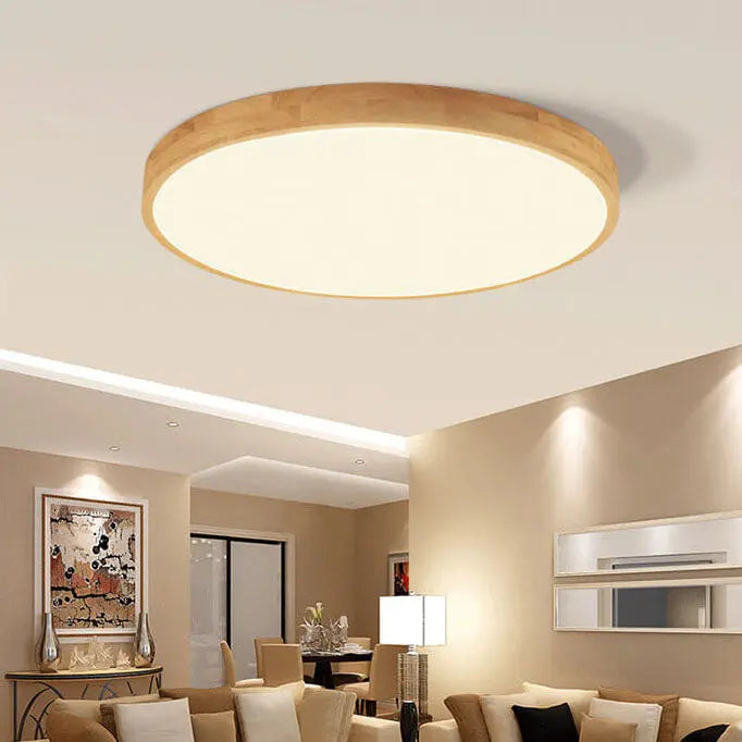 Nordic Solid Wood Round Ultra-Thin LED Flush Mount Ceiling Light Cuvalon