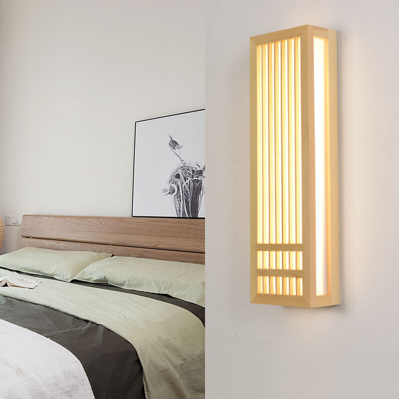 Simple Solid Wood Rectangular 1-Light Japanese Wall Sconce Lamp Cuvalon