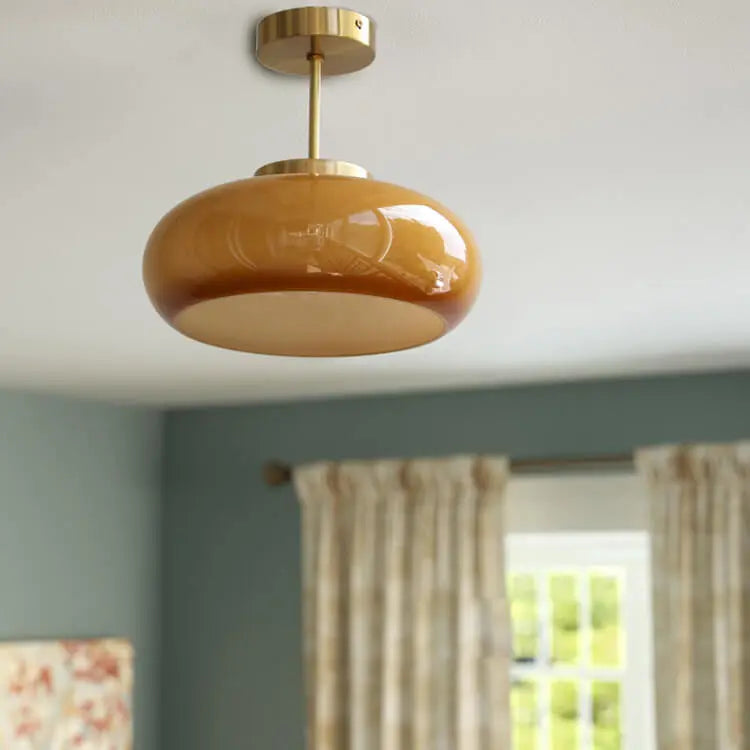 Vintage Brass Yellow Glass 1-Light Semi-Flush Mount Ceiling Light Cuvalon