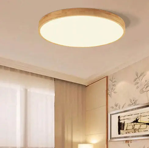 Nordic Solid Wood Round Ultra-Thin LED Flush Mount Ceiling Light Cuvalon