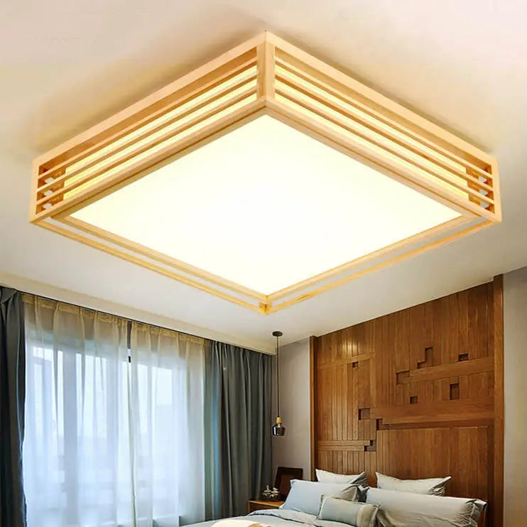 Nordic Solid Wood Square LED Japanese Tatami Flush Mount Ceiling Light Cuvalon