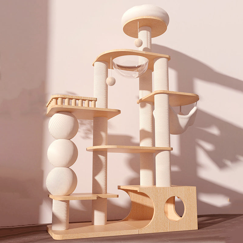 Contemporary Scandinavian Rectangular Rubberwood Plywood Pine Wood Pillar Velvet Fabric Hemp Rope Acrylic Cat Tree 3-Condo 5-Perch For Bedroom Cuvalon