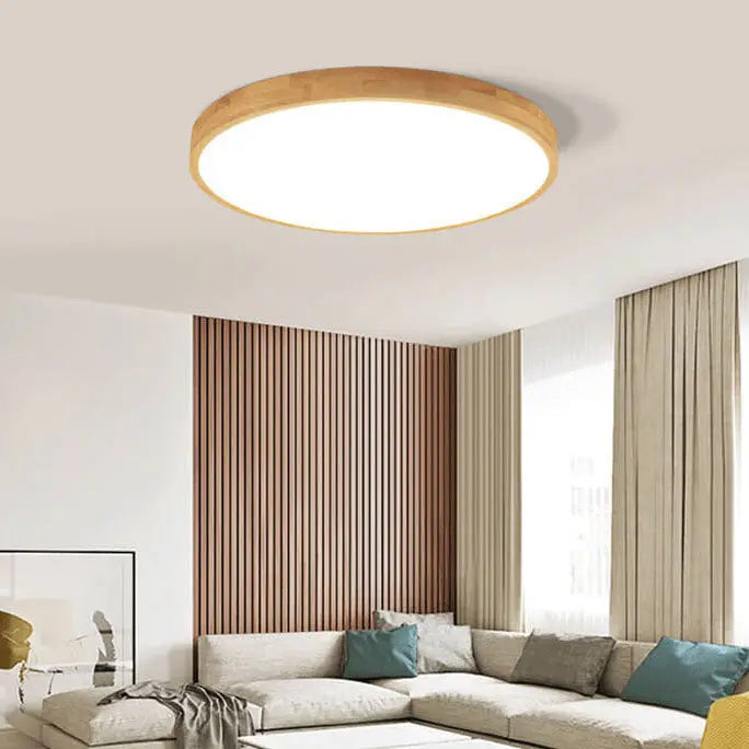 Nordic Solid Wood Round Ultra-Thin LED Flush Mount Ceiling Light Cuvalon