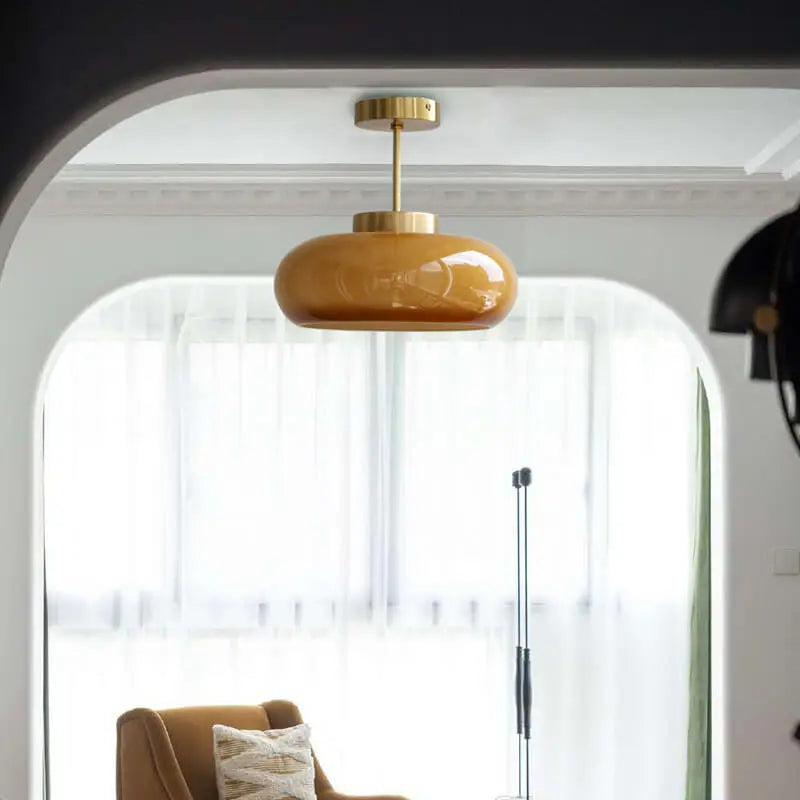 Vintage Brass Yellow Glass 1-Light Semi-Flush Mount Ceiling Light Cuvalon