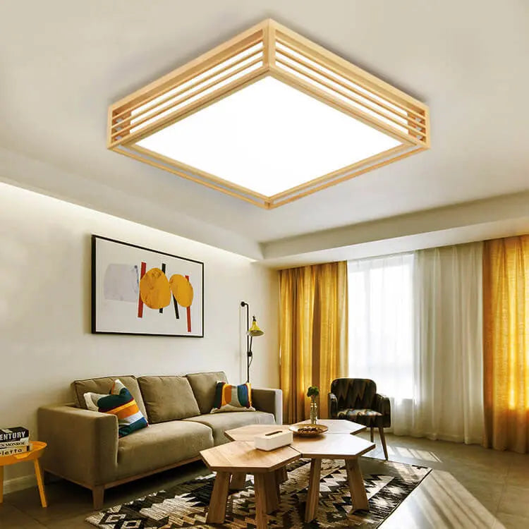 Nordic Solid Wood Square LED Japanese Tatami Flush Mount Ceiling Light Cuvalon