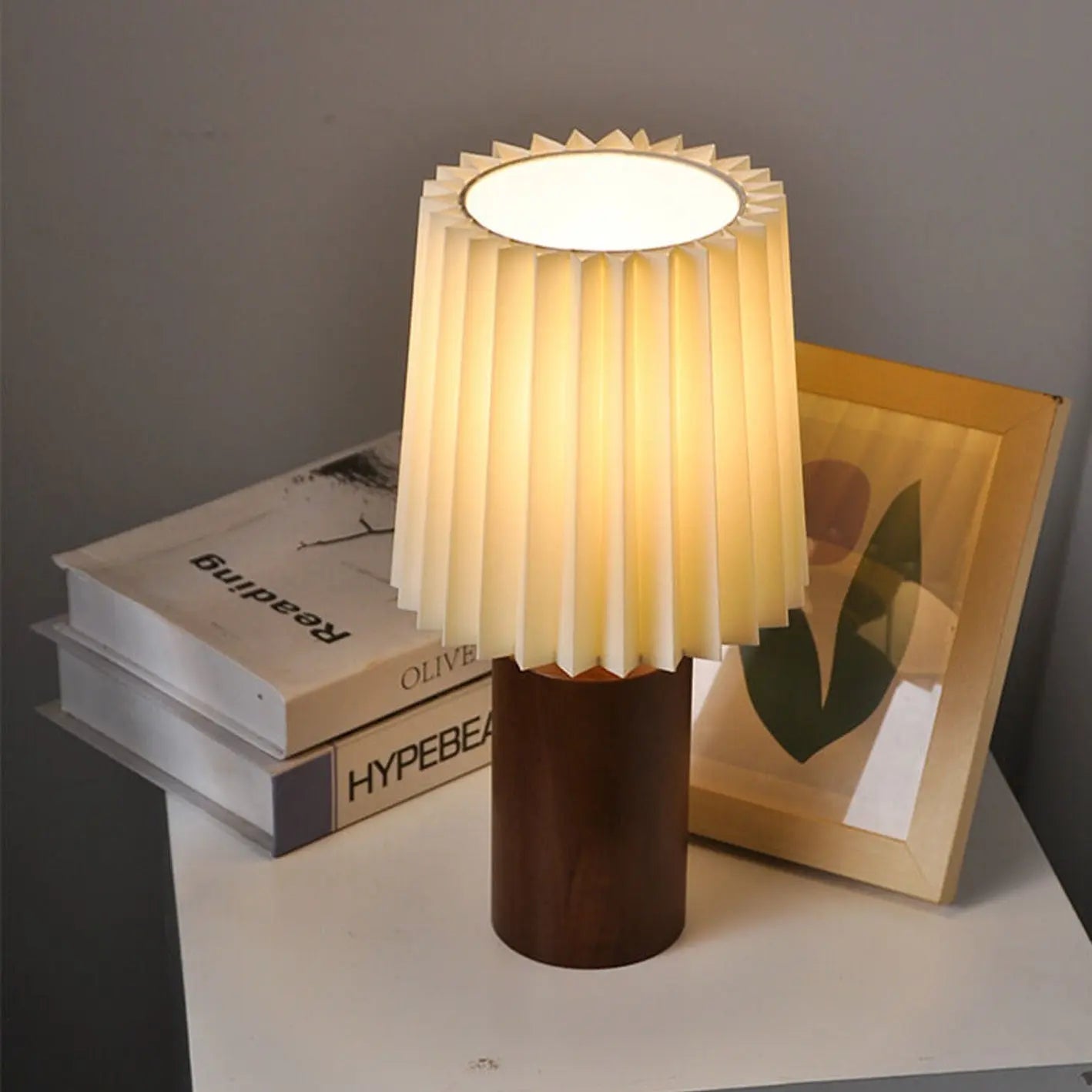 Vintage Korean Pleated Column Solid Wood Base 1-Light Table Lamp Cuvalon