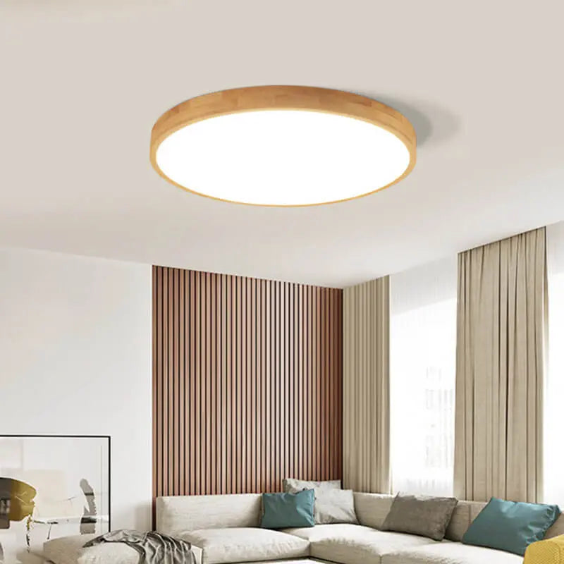Nordic Solid Wood Round Ultra-Thin LED Flush Mount Ceiling Light Cuvalon