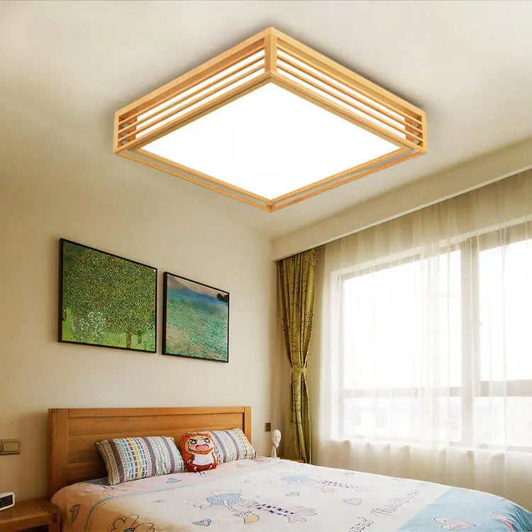 Nordic Solid Wood Square LED Japanese Tatami Flush Mount Ceiling Light Cuvalon