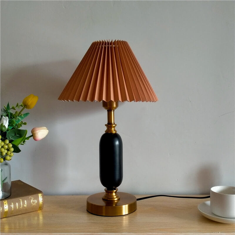 Retro Pleated Shade Column Base 1-Light Table Lamp Cuvalon