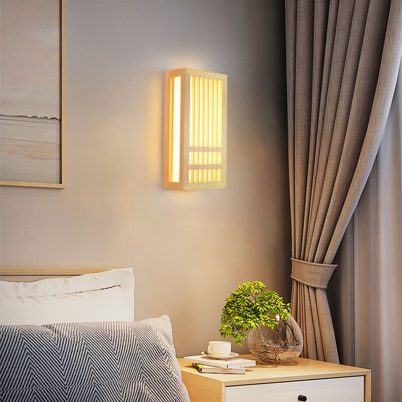 Simple Solid Wood Rectangular 1-Light Japanese Wall Sconce Lamp Cuvalon