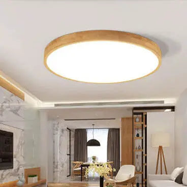 Nordic Solid Wood Round Ultra-Thin LED Flush Mount Ceiling Light Cuvalon