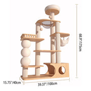 Contemporary Scandinavian Rectangular Rubberwood Plywood Pine Wood Pillar Velvet Fabric Hemp Rope Acrylic Cat Tree 3-Condo 5-Perch For Bedroom Cuvalon