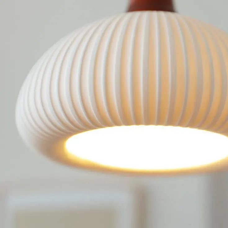 Japanese Vintage Pleated Ceramic Round Dome Wood 1-Light Pendant Light Cuvalon
