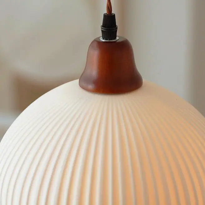 Japanese Vintage Pleated Ceramic Round Dome Wood 1-Light Pendant Light Cuvalon