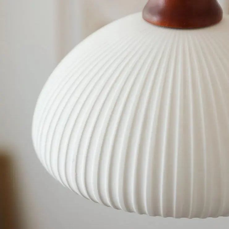Japanese Vintage Pleated Ceramic Round Dome Wood 1-Light Pendant Light Cuvalon