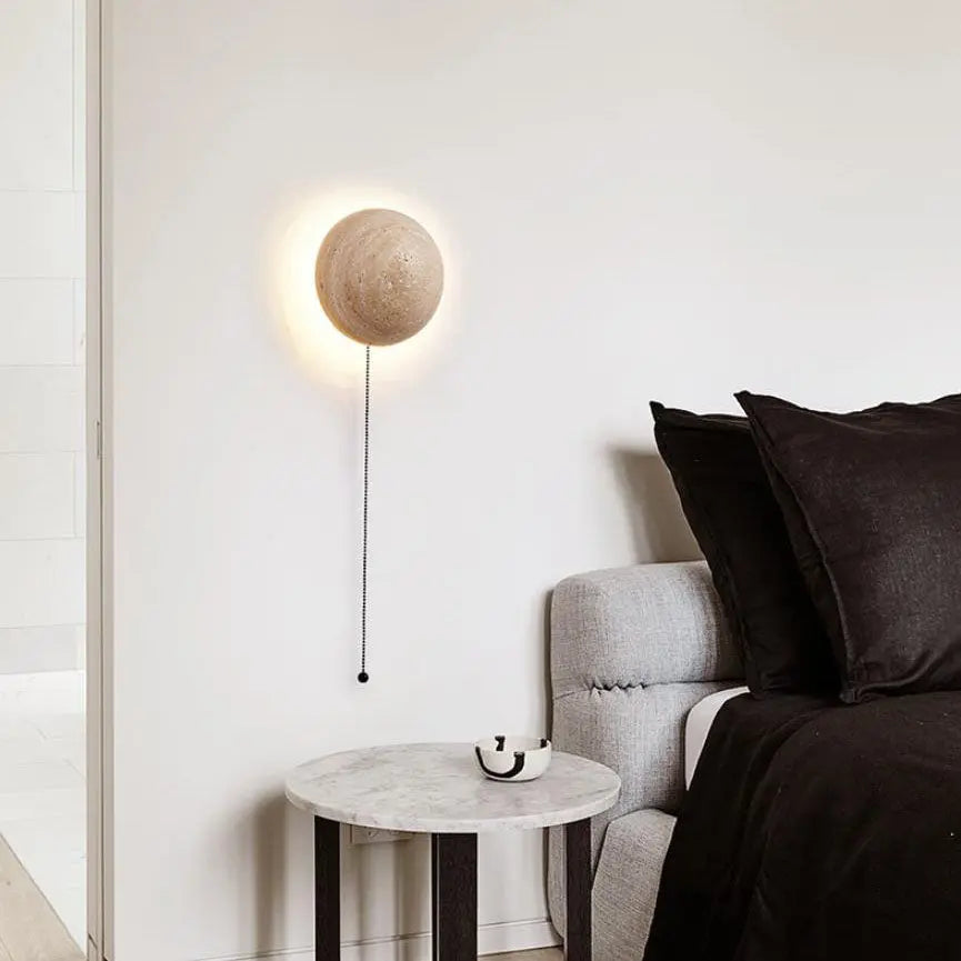 Japanese Minimalist Round Yellow Travertine Wabi-Sabi LED Wall Sconce Lamp Cuvalon