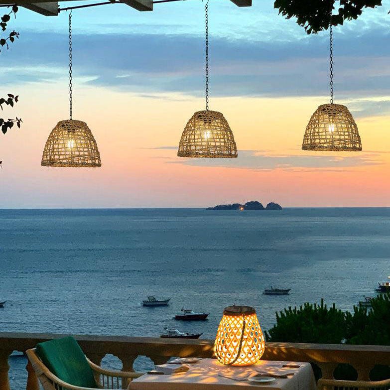 Traditional Rustic Iron Net Rattan Weaving Cage LED Solar Waterproof Pendant Light For Outdoor Patio Cuvalon