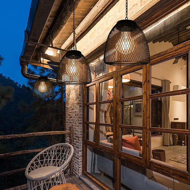 Traditional Rustic Iron Net Rattan Weaving Cage LED Solar Waterproof Pendant Light For Outdoor Patio Cuvalon