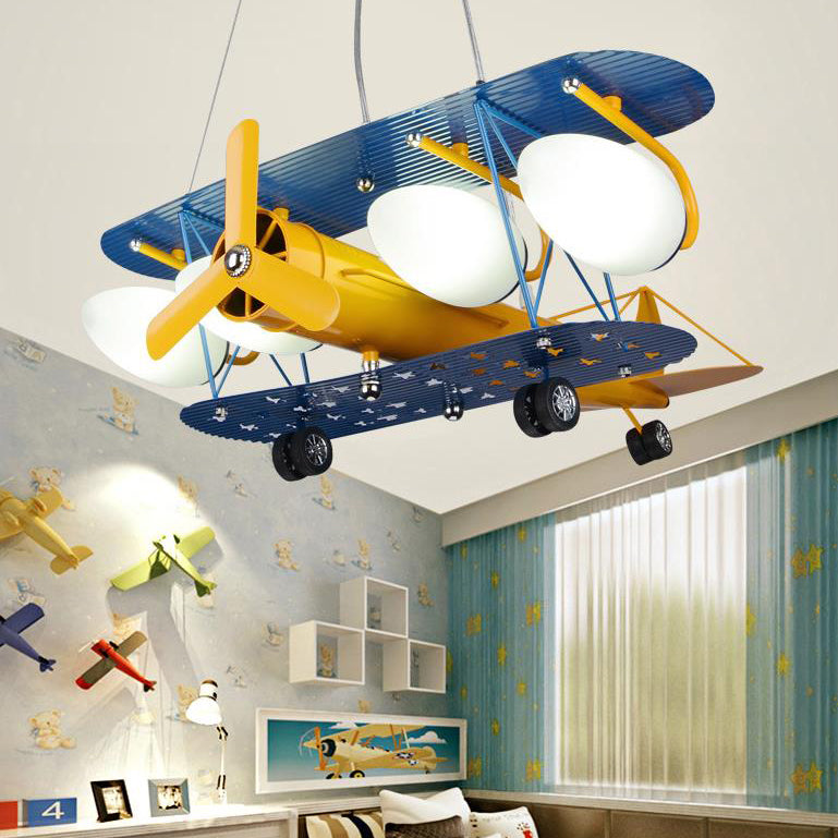 Contemporary Creative Cartoon Metal Aircraft Glass Shade 5-Light Kids Chandelier For Bedroom Cuvalon
