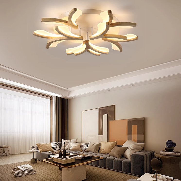 Contemporary Scandinavian Branch Flower Wood Iron Acrylic LED Semi-Flush Mount Ceiling Light For Living Room Cuvalon